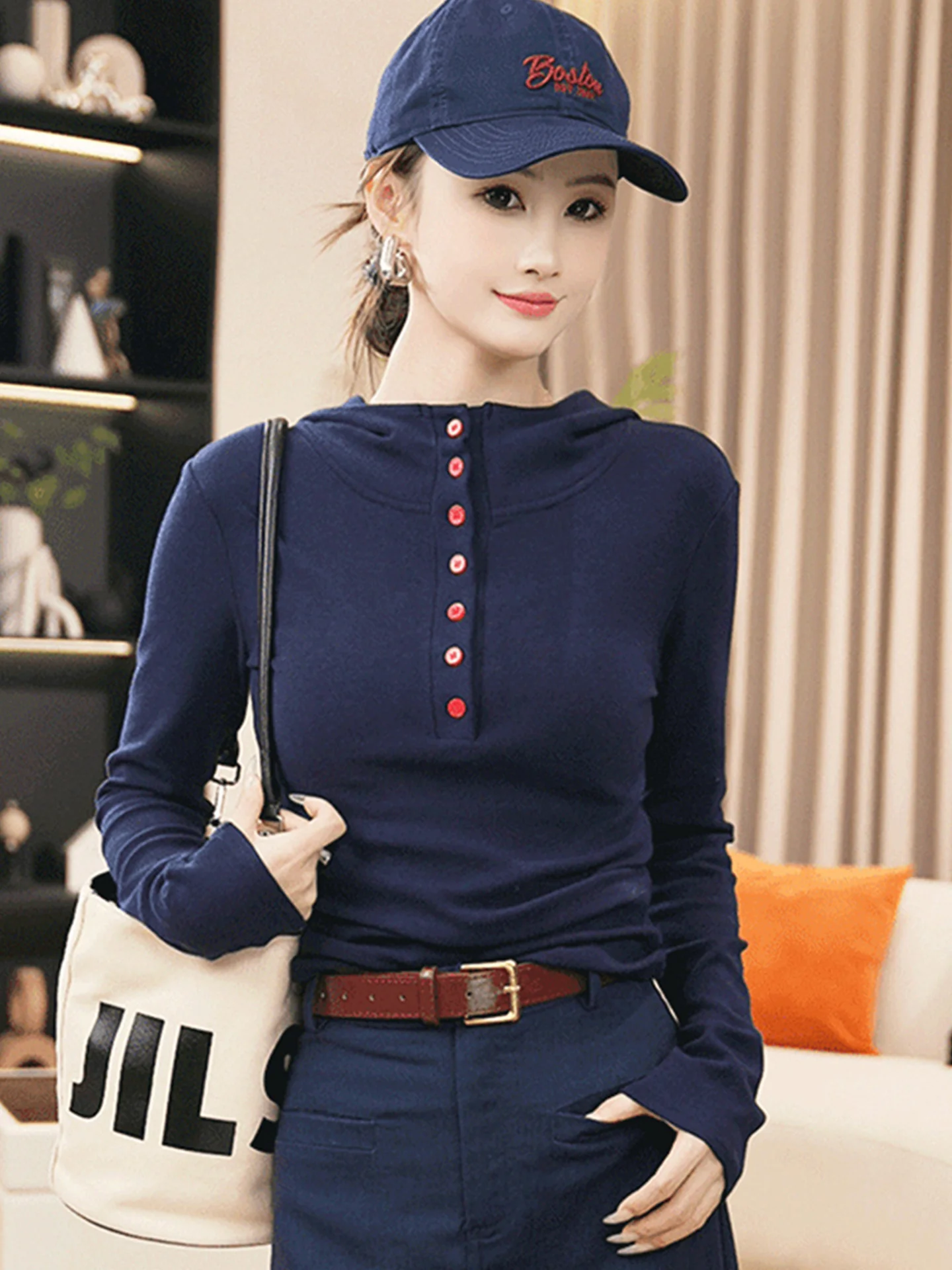 

Fall Season Long Sve Hoodie Slim Fit Versatile Base Layer irt f Buttoned Commute Sle Korean Version Casual Top