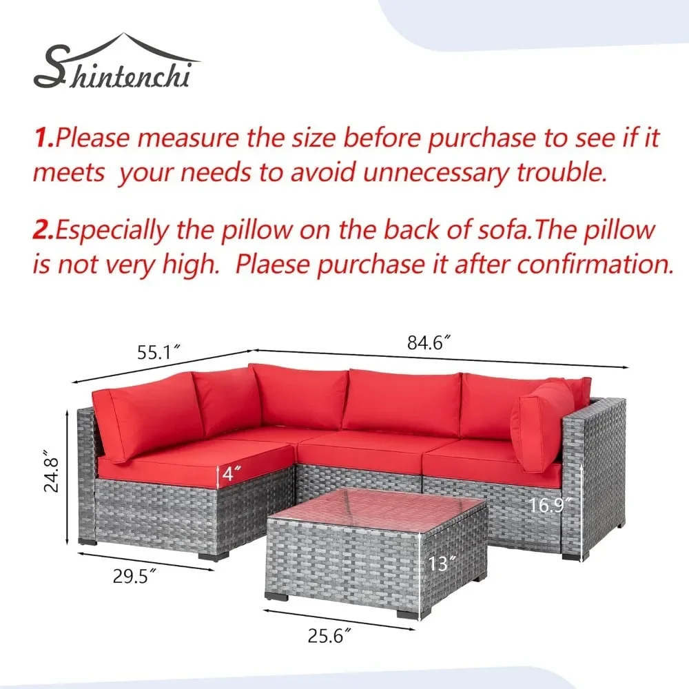 Sofá seccional para Patio al aire libre, juego de muebles de mimbre de PE con cojines lavables y mesa de centro de vidrio, 5 piezas