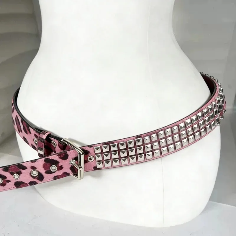 Y2K Studded Leopard Print Belt Square Bead Design Retro Punk Style Waist Accessory for Women