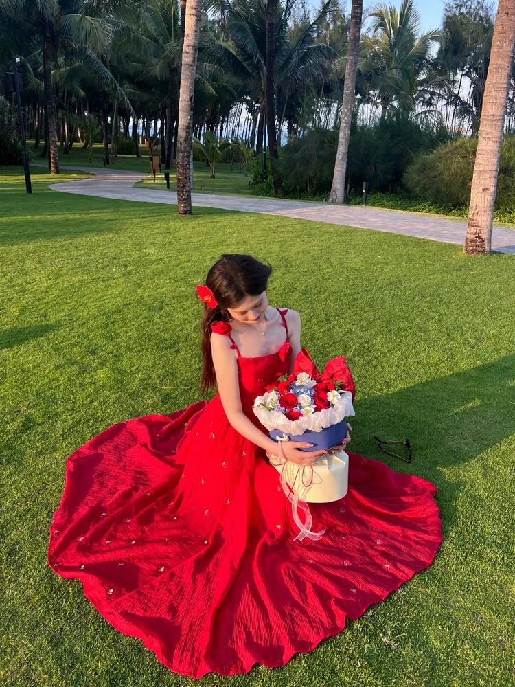 

Keni plus Size Embroidered Floral Halter Dress Women Summer Vacation Red White Long Dress A-Line Skirt High Waist No Sleeve