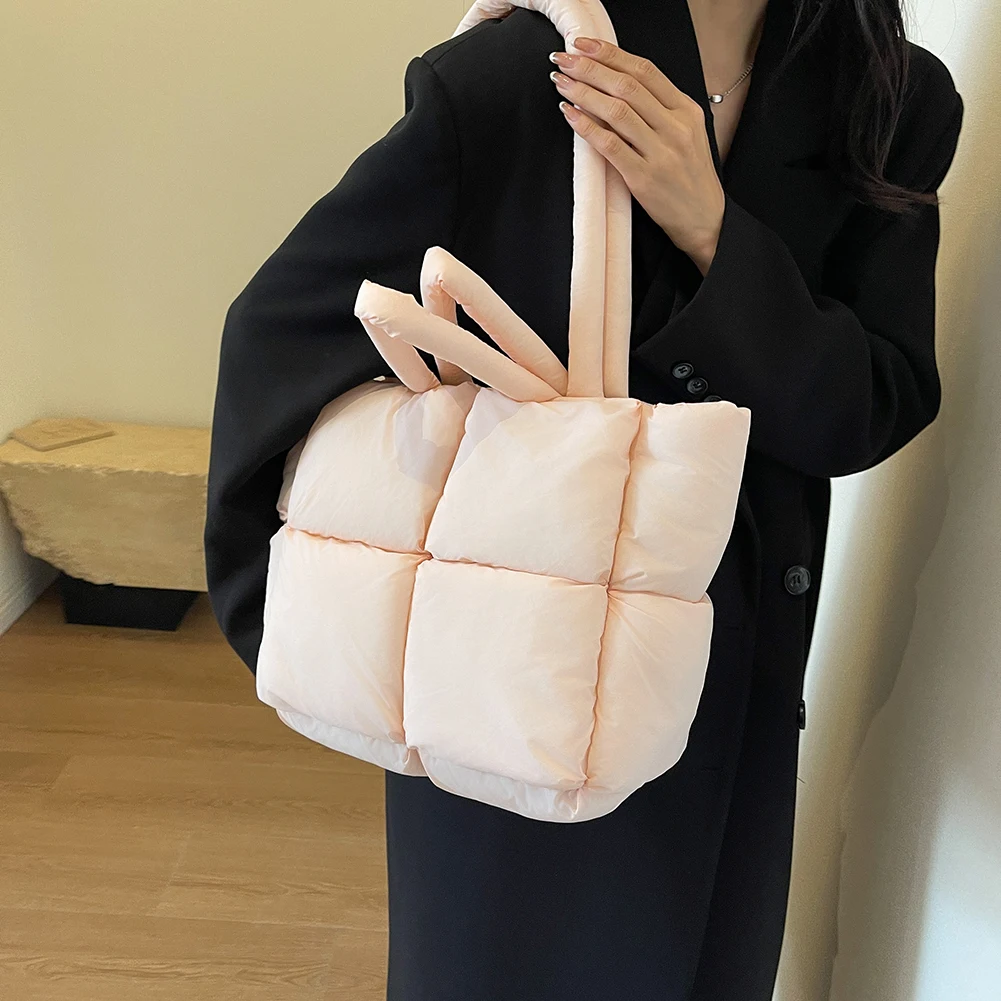 Women Quilted Puffer Tote Bag Lightweight Puffy Armpit Bag Versatile Top Handle Bag Soft Satchel Bag Winter Large Handbag