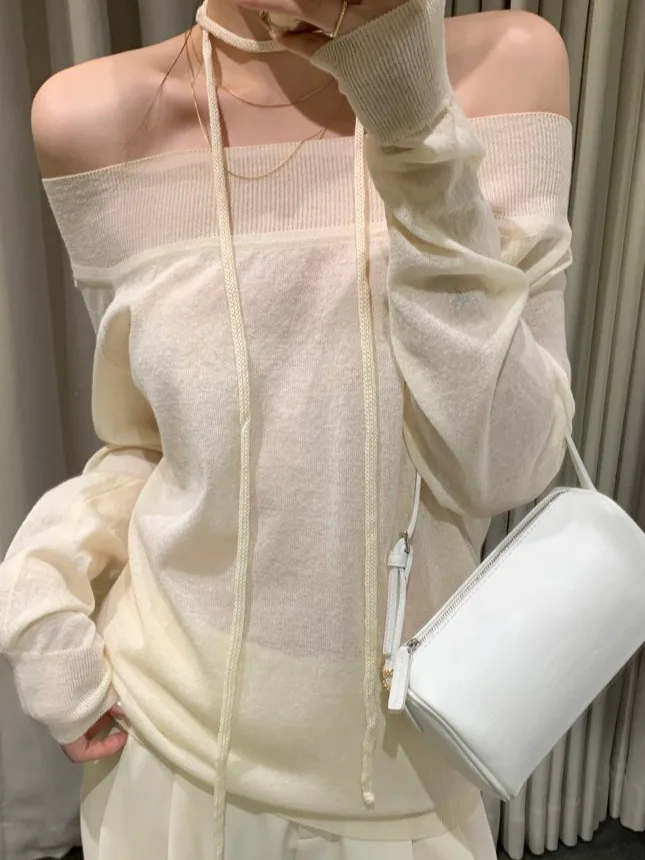 

Новинка Ele Spring: Женский модный вязаный топ с открытым плечом, тонкий крой, дизайн с вырезом на одно плечо, длинный рукав