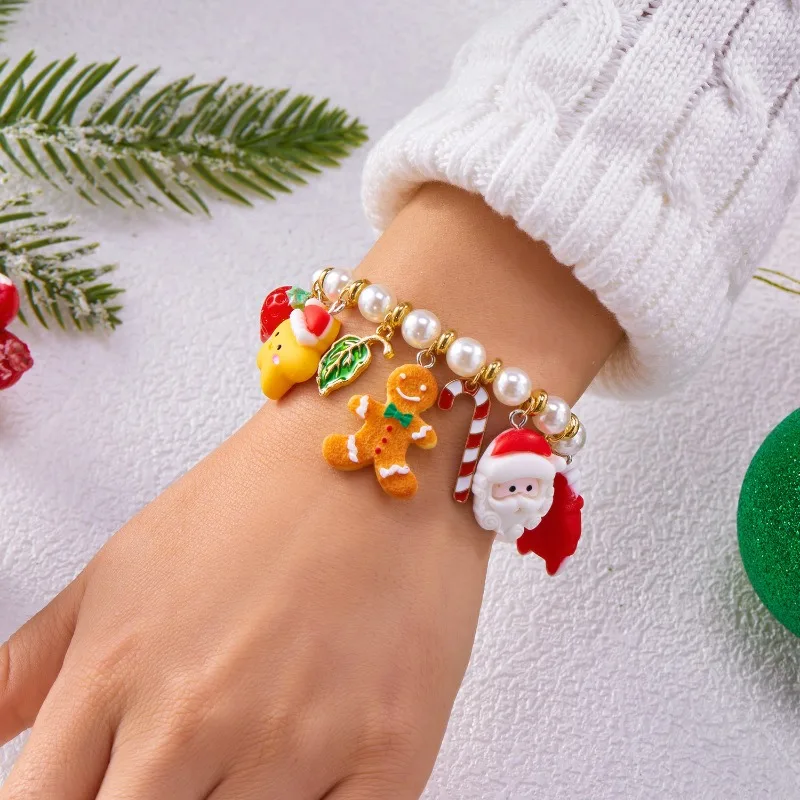 

Christmas Pearl Bracelet Santa Reindeer Snowman Heart Beads for Women Gift