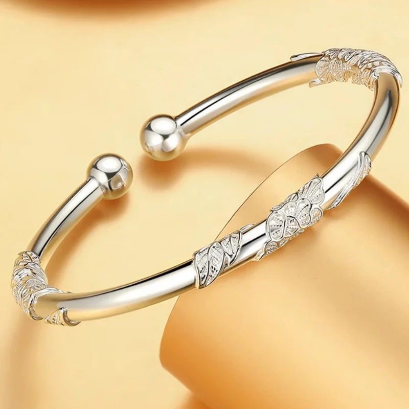 Elegant Ladies 999 Fine Silver Adjustable Open Bangle Smooth Polished Tube Hand Carved Plum Flower & Leaf Relief Traditional Chi