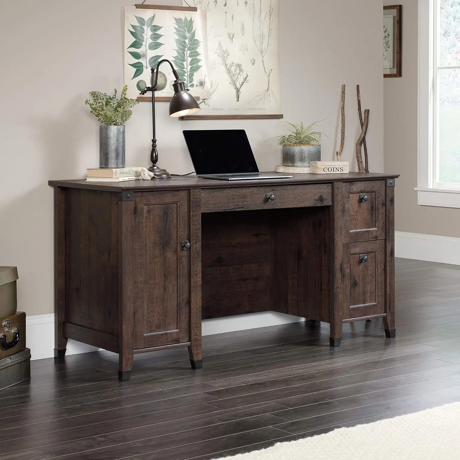 Computer desk with two drawers, metal guide and safety shieldLower drawer with full extension slides holds letter or