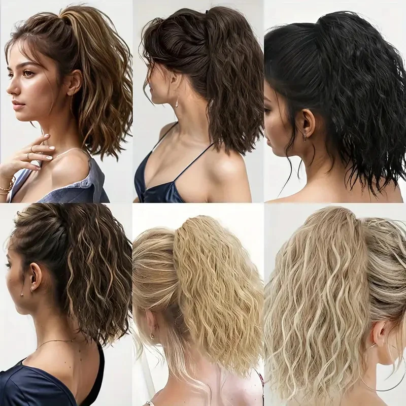 وصلة شعر صناعية قصيرة مموجة على شكل مخلب على شكل ذيل حصان، قطعة شعر أشقر أسود للنساء، إكسسوارات شعر عصرية #6
