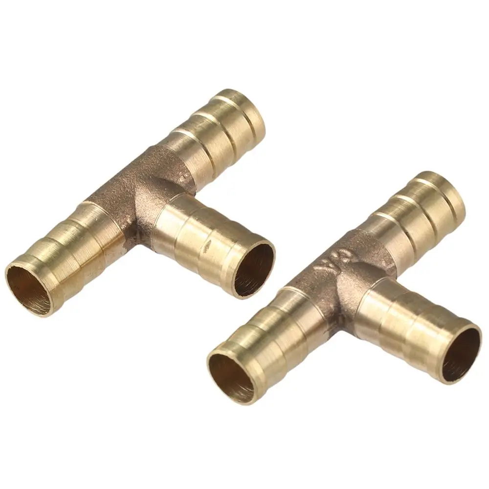 5Pcs T Shaped Barbed Hose Connector Full Flow 10mm Brass Pipe Fitting 3 Way Tee Barb Water/Fuel/Air