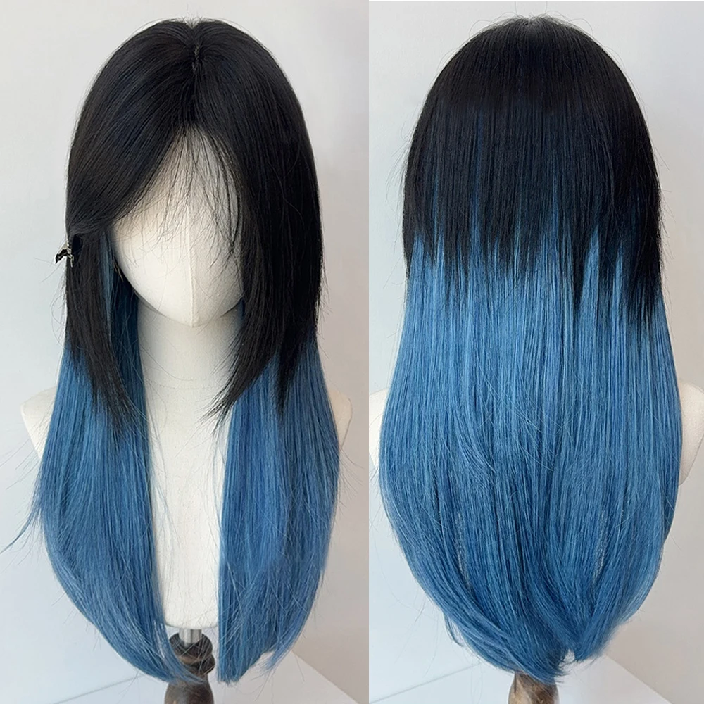 

Synthetic Long Straight Ombre Black Blue Women Wig Fluffy Heat Resistant Wig with Bangs for Daily Party Lolita Cosplay