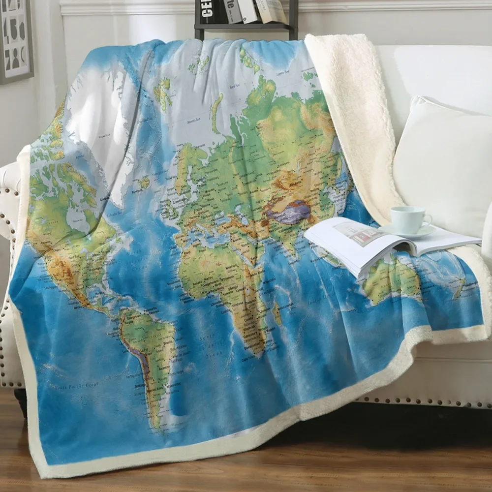 3D World Map Travel Printed Sherpa Fleece Blanket 50*60 Inches Navy Blue World Landmark Abstract Map Modern Fleece Blankets