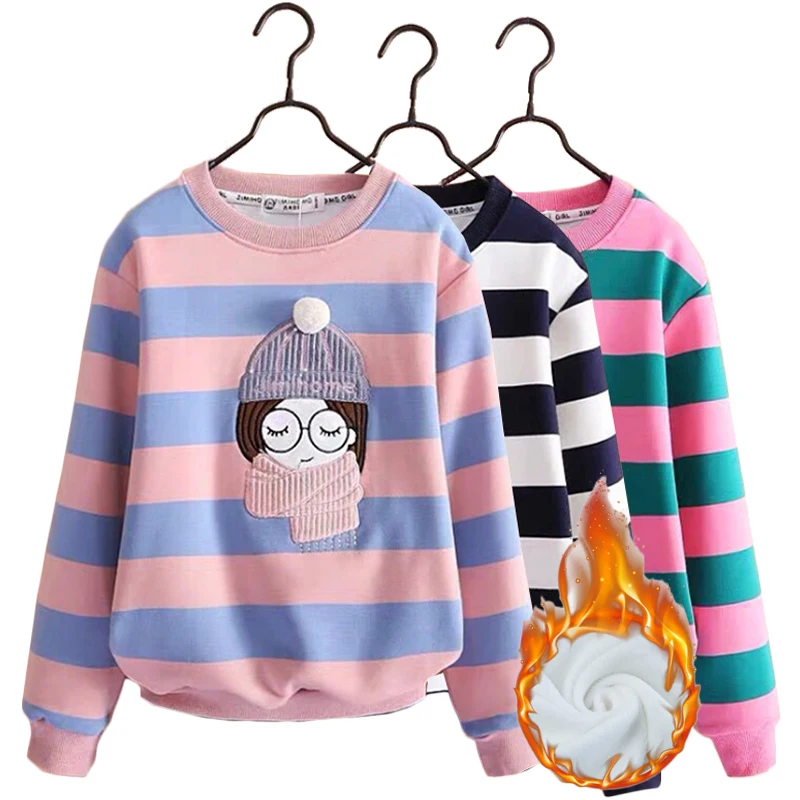 

4 6 8 10 12 14 Year Teen Girls Sweatshirt Spring Kids Pullover Top Stripe Girls Clothes Winter Plus Velvet Warm Children Sweater