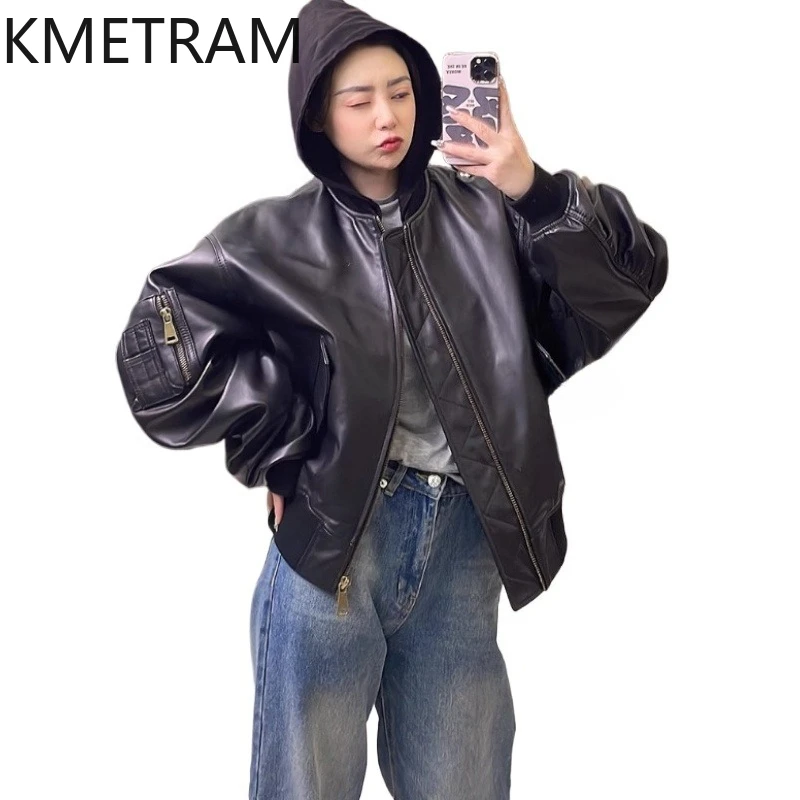 100 % Oberschicht-Schaffelljacke für Damen, schwarz, lockere Echtlederjacken mit Kapuze, neu in Oberbekleidung, Herbstkleidung, 2025 Diegoка