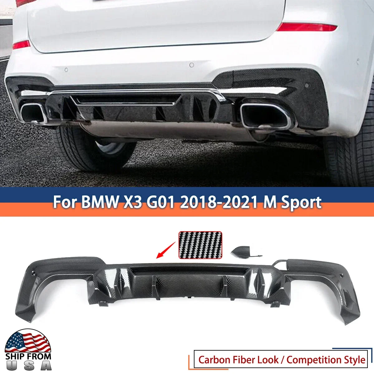 For 2018-2021 BMW X3 G01 M40i PERFORMANCE ABS Rear Diffuser Carbon Look Rear Lip