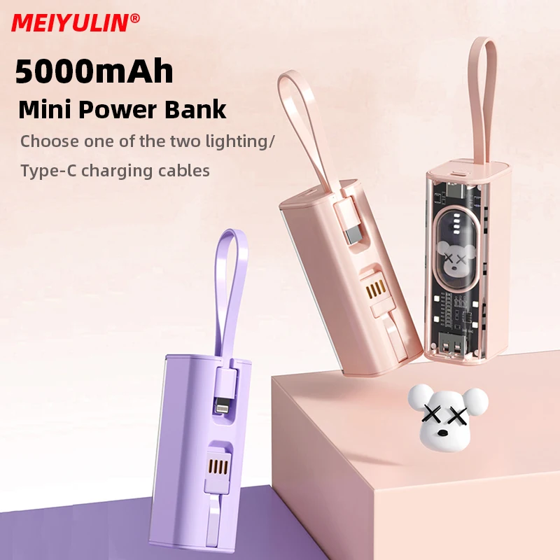 MEIYULIN 5000mAh Small Power Bank For iPhone Xiaomi Portable External Spare Battery Charger PowerBank Built-in USB Type-C Cable