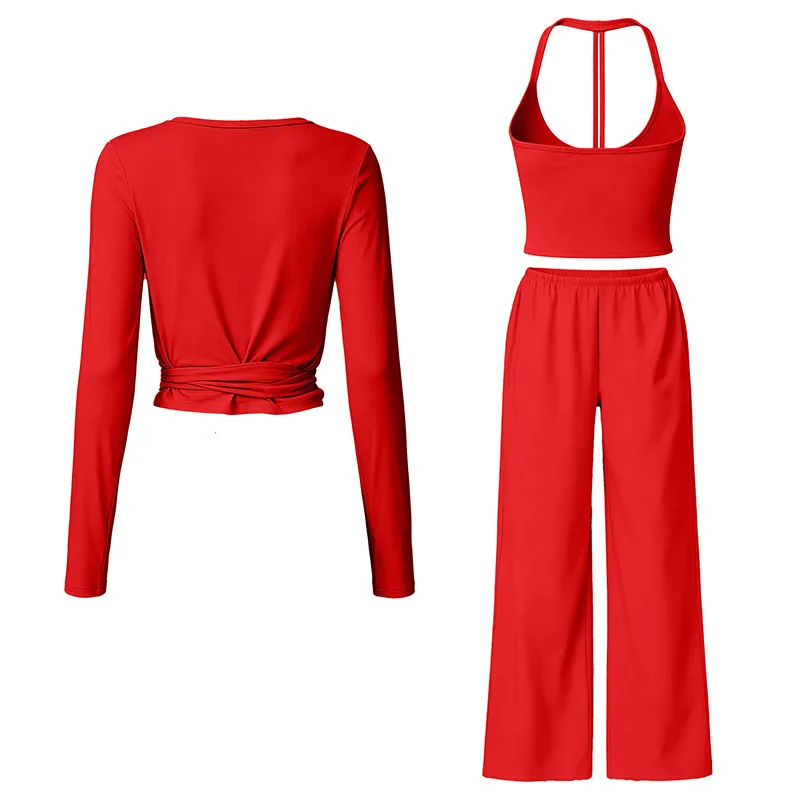 Women 3‑Pieces Brushed Yoga Set Autumn Winter Quick Dry Spaghetti Strap V‑Back Fitness Running Casual Sports Outfit
