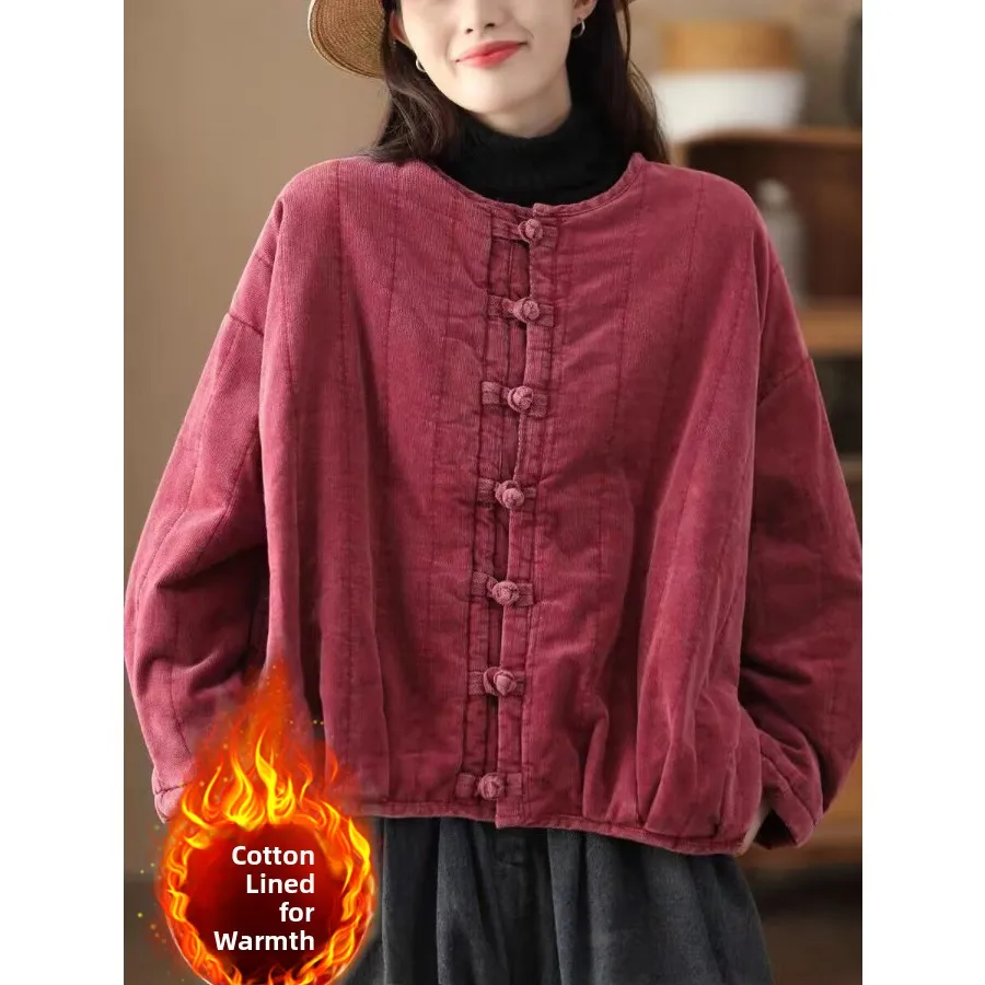 

Retro Chinese Sle Loose Fit Cotton Jaet with Button round Ne Velvet Coat Thiened Large Size Women's Winter Coat