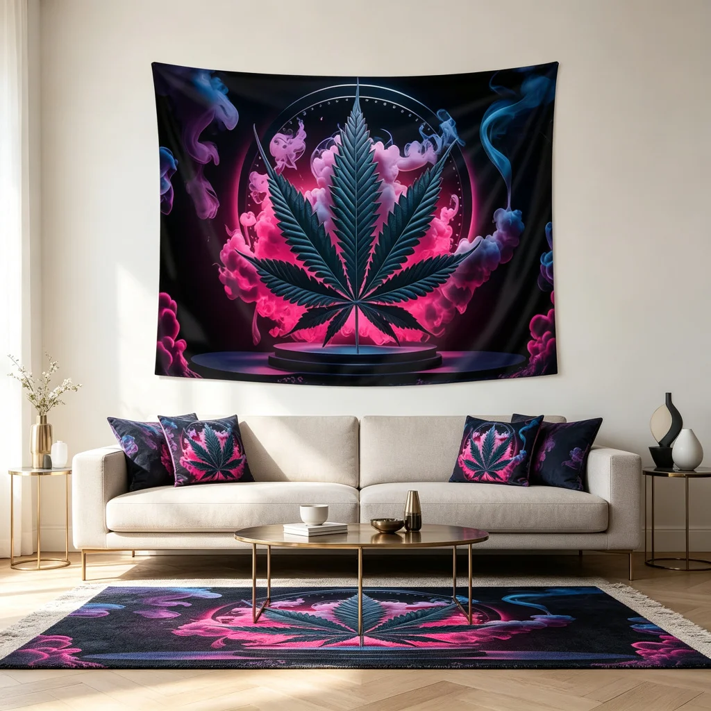 1PC Cannabis Leaf Pink Smoke Print Backdrop Banner, Bedroom Living Room Photo Background, Polyester, Home Decor, Wall Art