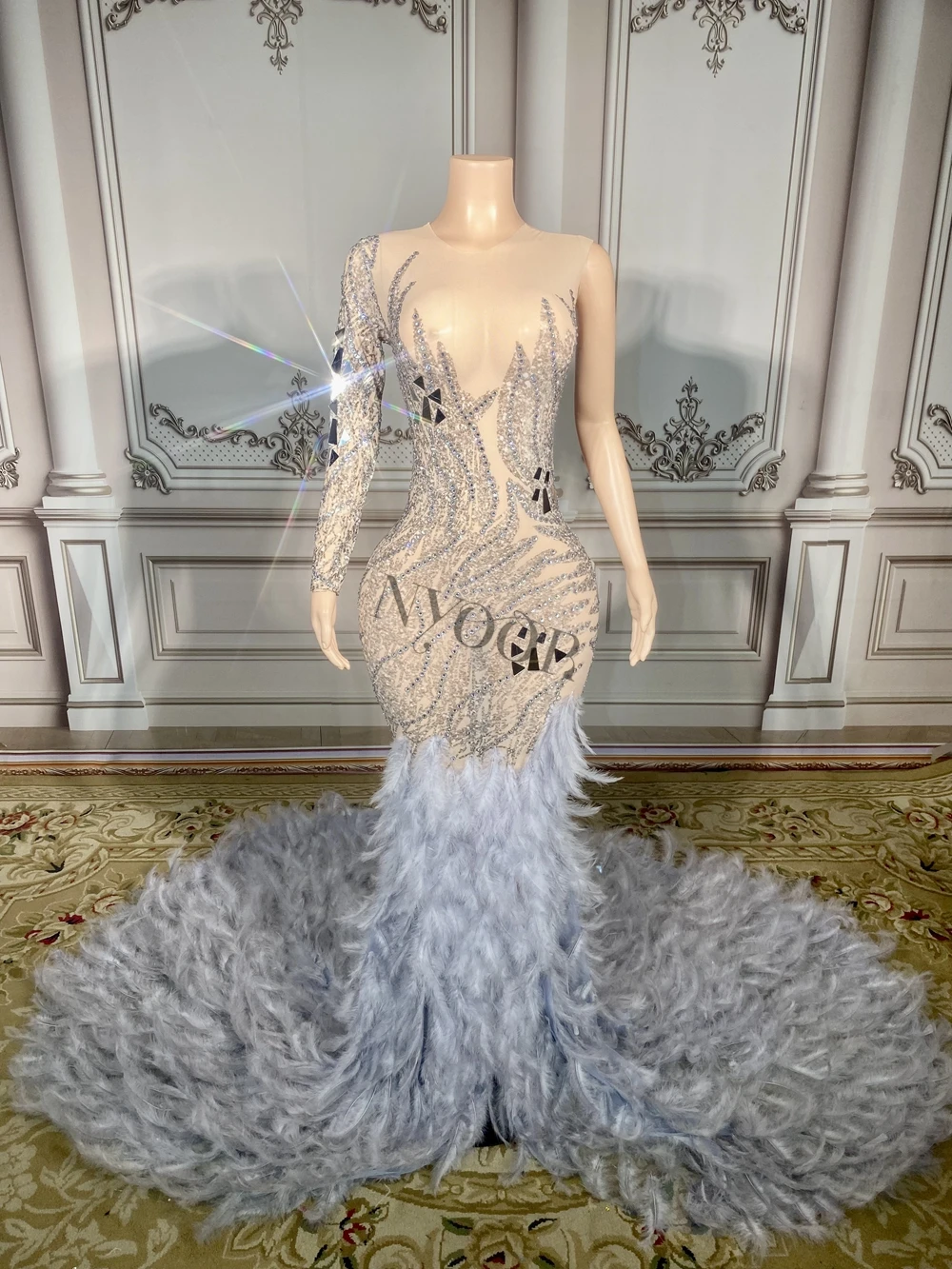 Sparkly Rhinestones Floor-length Feathers Dress for Women Elegant Birthday Celebrate Wedding Evening Prom Dress Photo Shoot Wear