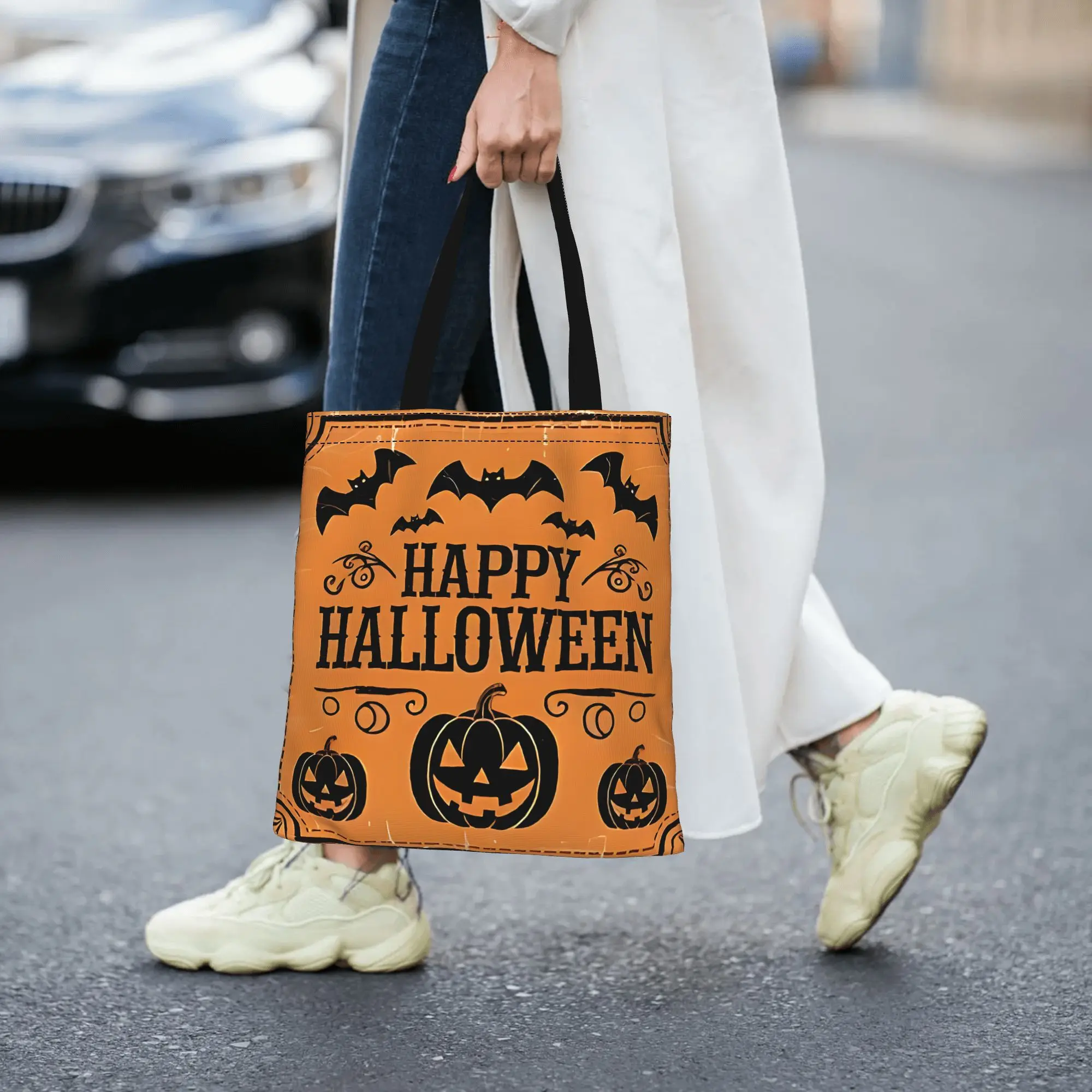 Customized Happy Halloween Theme Women's Bag Shopping Bag Reusable Double Sided Canvas Tote Bag Shoulder  Handbag Its bags