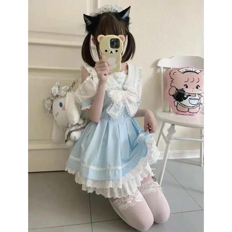 Gothic Y2k Lolita Mini Dress Japanese Women Preppy Style Sailor Collar Bow Cat Print Party Dresses Kawaii Sweet Princess Dresses