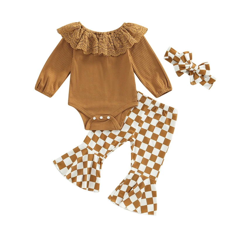 

3Pcs Baby Girls Outfit Sweet Style Solid Color Long Sleeve Lace Round Collar Bodysuit + Plaid Flare Pants + Headwear Set