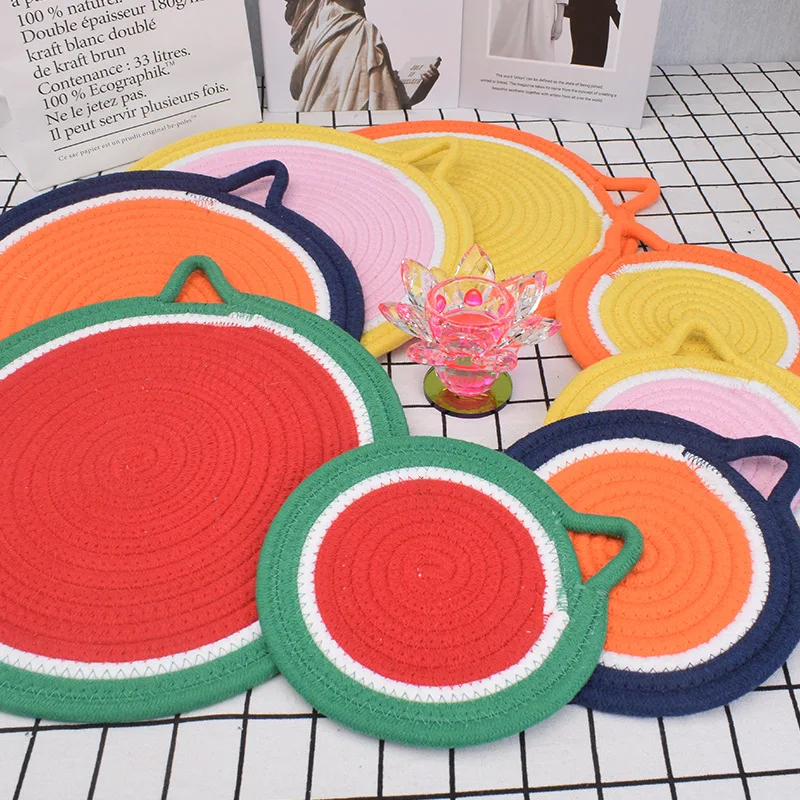 

Colorblocking Woven Cotton Rope Coasters Placemat Heat Insulation Non-slip Durable Mats Creative Simple Home Round Placemats