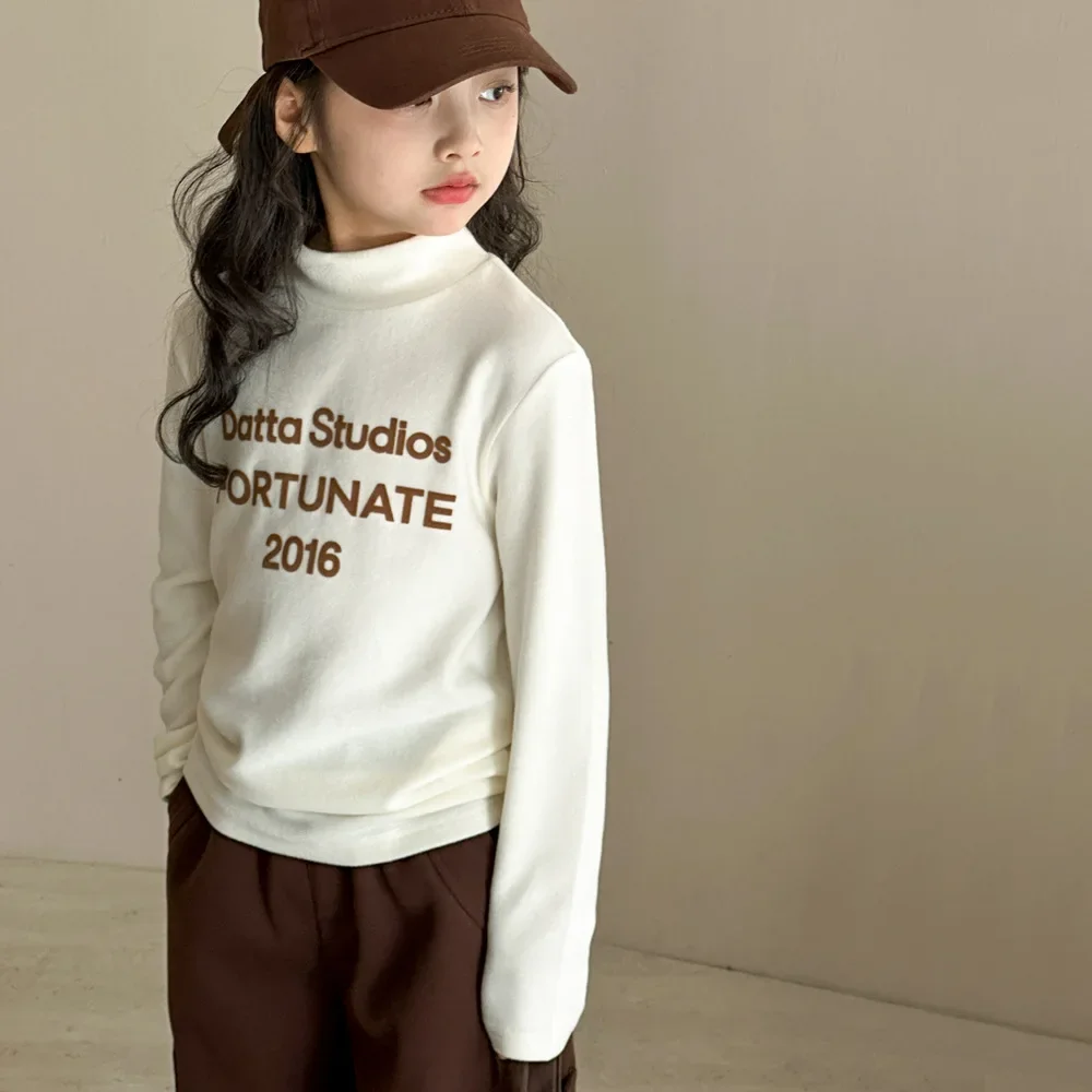 Girls Top 2024 Autumn and Winter New Childrens Wear Korean Style Baby Girl Semi-turtleneck Printed Warm Base Shirt Casual