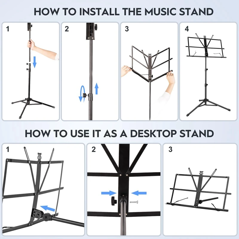 Metal Sheet Music Stand Portable, Adjustable Podium Stand With Tripod Base And Sheet Music Folder, Easy To Use - Black