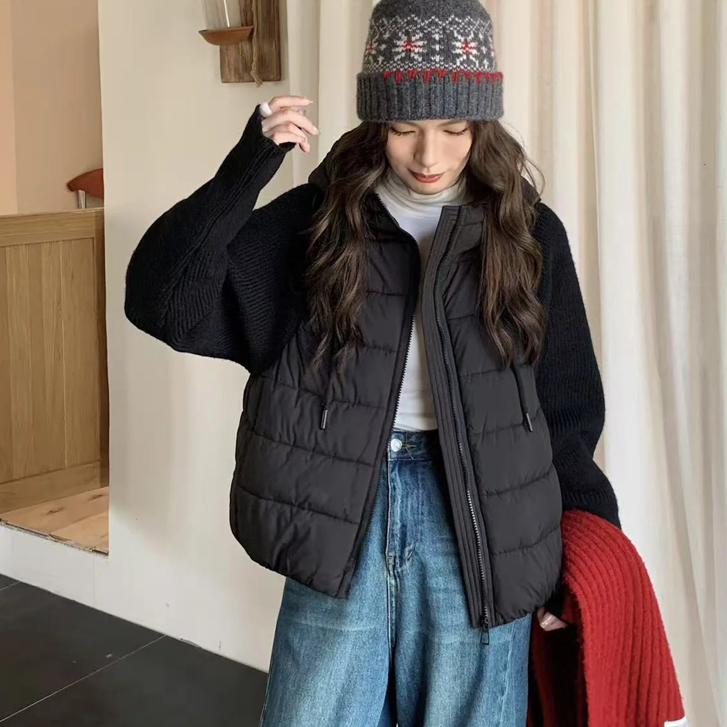 Winter New Fashion Casual Solid Patchwork Sweater Long Sleeve Zipper Down Cotton Jacket Women Versatile Short Knitted Coat Trend