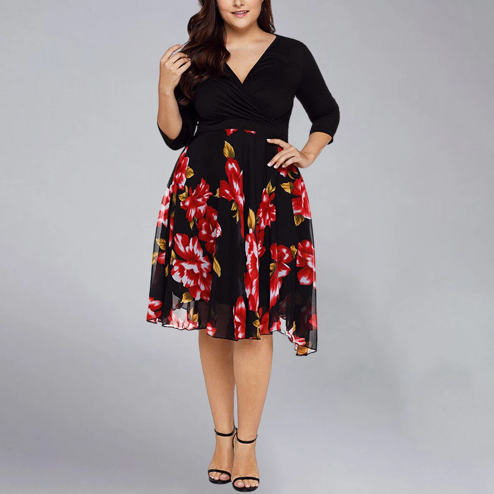 Plus Size sukienka kwiatowa kobieta 2024 lato Oversize elegancka sukienka codzienna z krótkim rękawem duży rozmiar damski Vintage plaża wakacje Dres