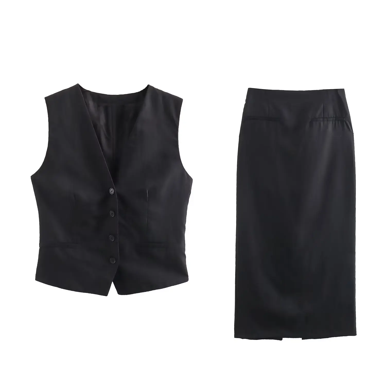 TRAF 2023 Summer Women Vintage Solid Black Linen Suit Buttons V-Neck Vest+Zipper Sheath Long Skirt Sexy Women Elegant Sets