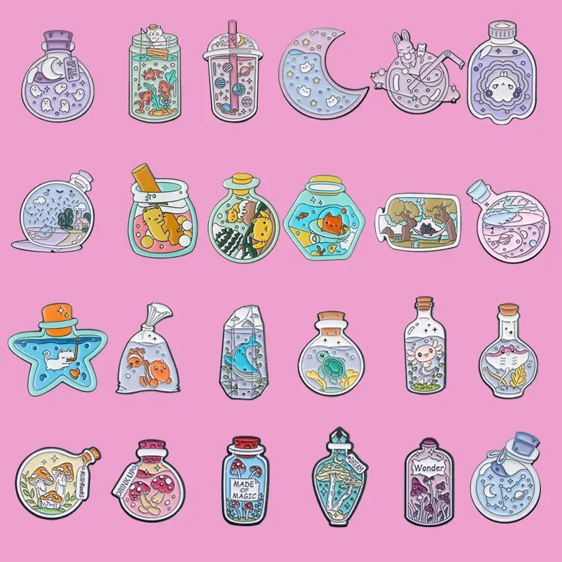 Cartoon Cute Glass Bottle Shaped Brooch Creative Milk Tea Cup Medicine Bottle Shooting Accessories Badge Set Pin Badges Metal