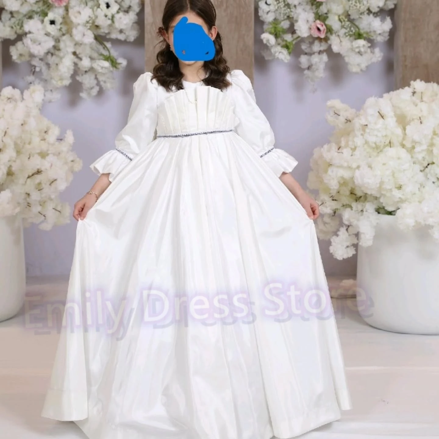 Customized White Flower Girl Dress For Wedding Puffy 3/4 Sleeves High Waist Satin Kids Birthday Party First Communion Gown