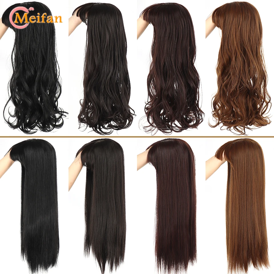 MEIFAN Long Synthetic Clip on Hair Extension Topper Add Volume Invisible Closure Hairpiece With Bangs for Covering White Hair