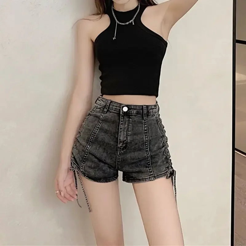 여름 Coquette Strappy Short Jean Pants 여성 하라주쿠 패션 신축성있는 저렴한 야외 디자인 XL 여성용 데님 반바지의 새로운 기능