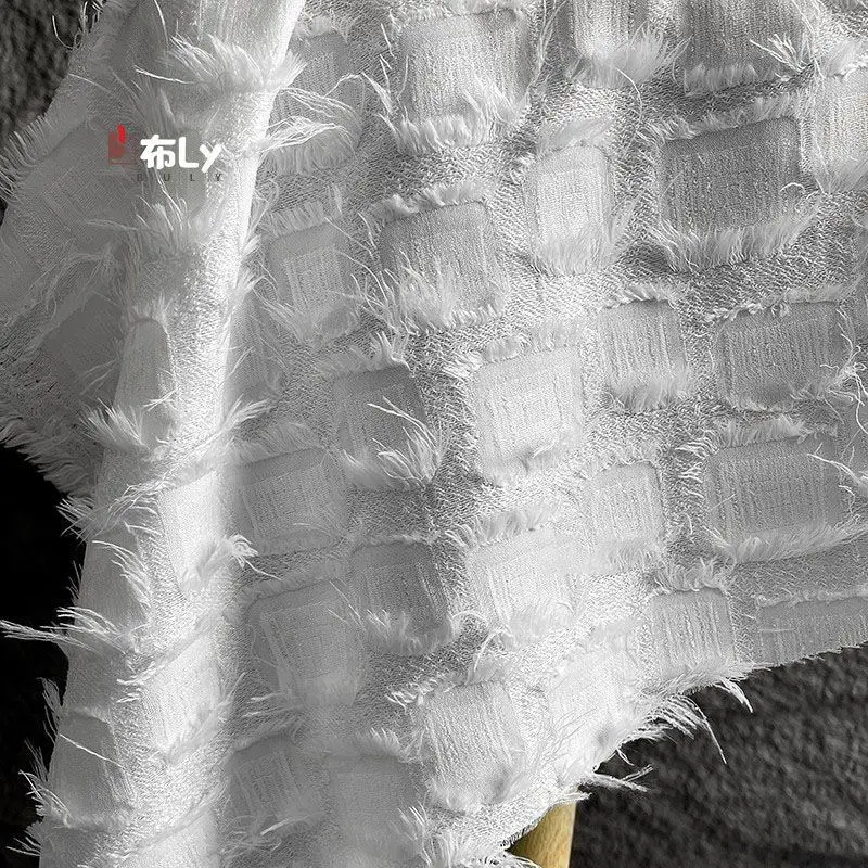 White Tassel Feather Jacquard Fabric Geometric Lace High Quality For Coat Fashion Designer Upcycle Material
