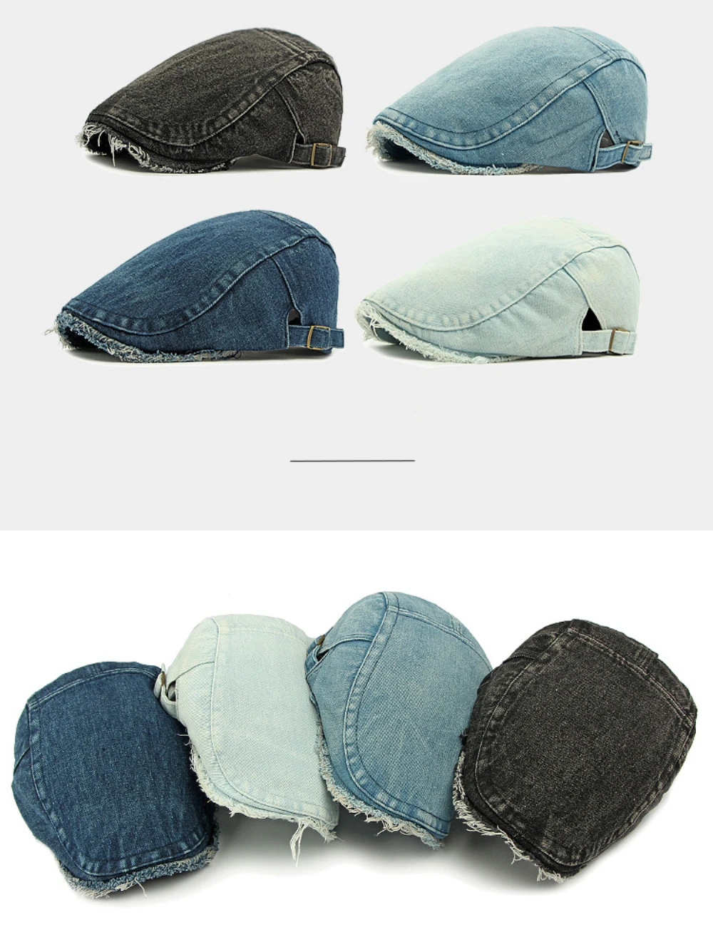 HT4797 Herren- und Damen-Baskenmützen, Einfarbige Baumwoll-Flatcap, Retro Künstler-Mütze für Alle Jahreszeiten, Denim-Baskenmütze – Detail 1
