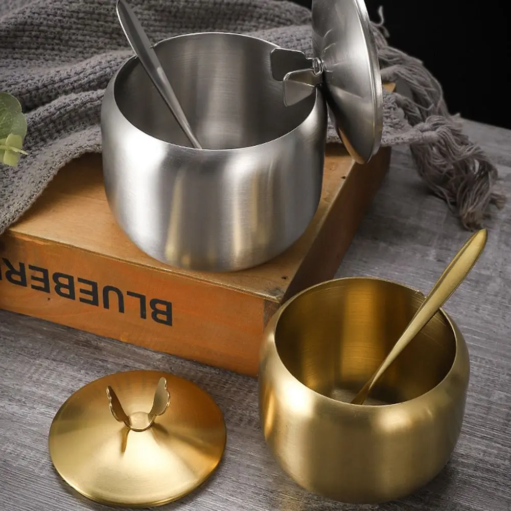 

Useful Stainless Steel Sugar Bowl Gold Silver with Spoon Lid Seasoning Pot Large Capacity Durable Storage Jar Home