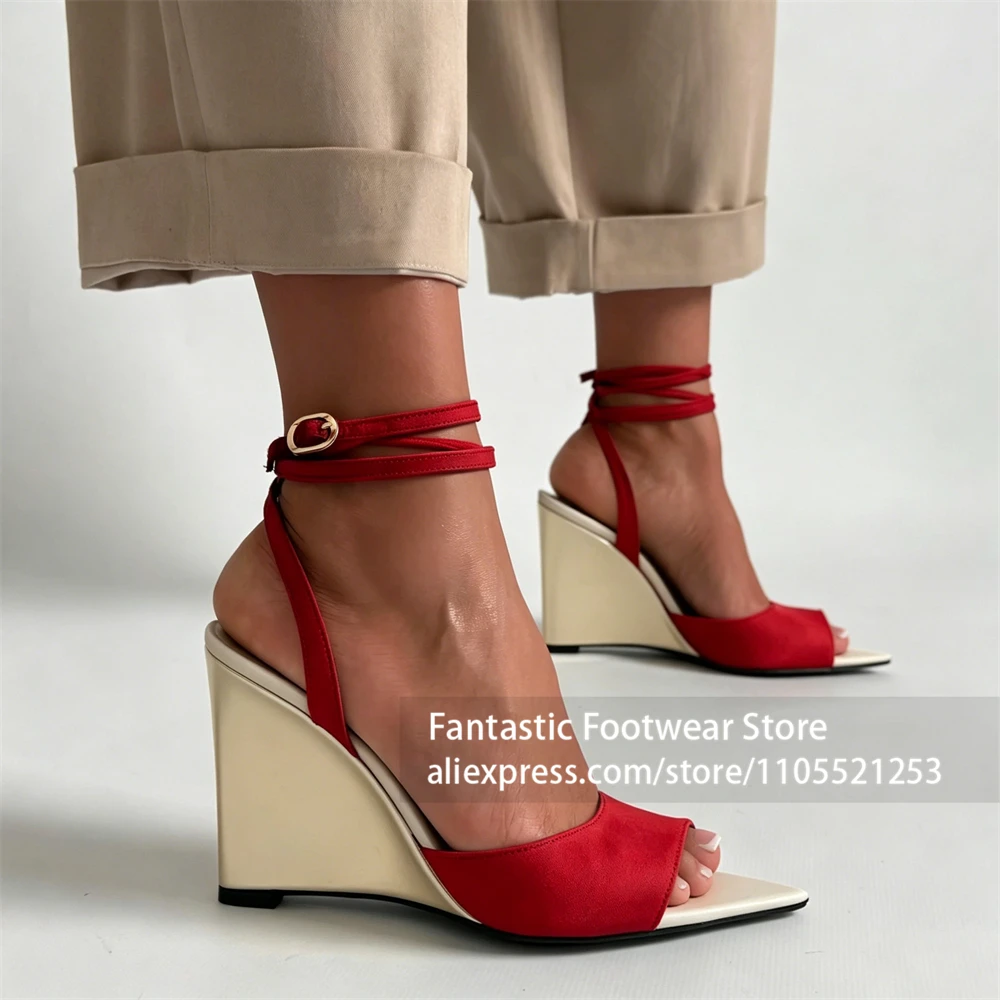 Metallic Gold Wedge Heel Sandals Pointed Peep Toe Double Ankle Strap Summer Shoes Satin Two Tone Buckle High Heel Women Sandals view 5
