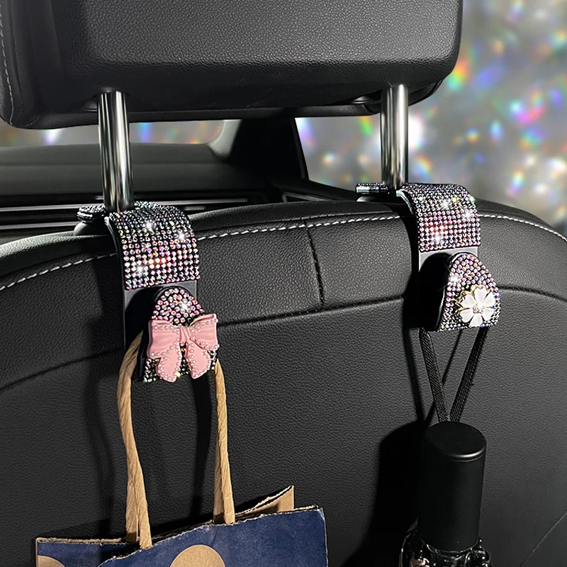 2 Pack Diamond Bowknot Rhinestone Car Seat Headrest Hook Universal Bling Hanger Storage Organizer Universal for Handbag Purse