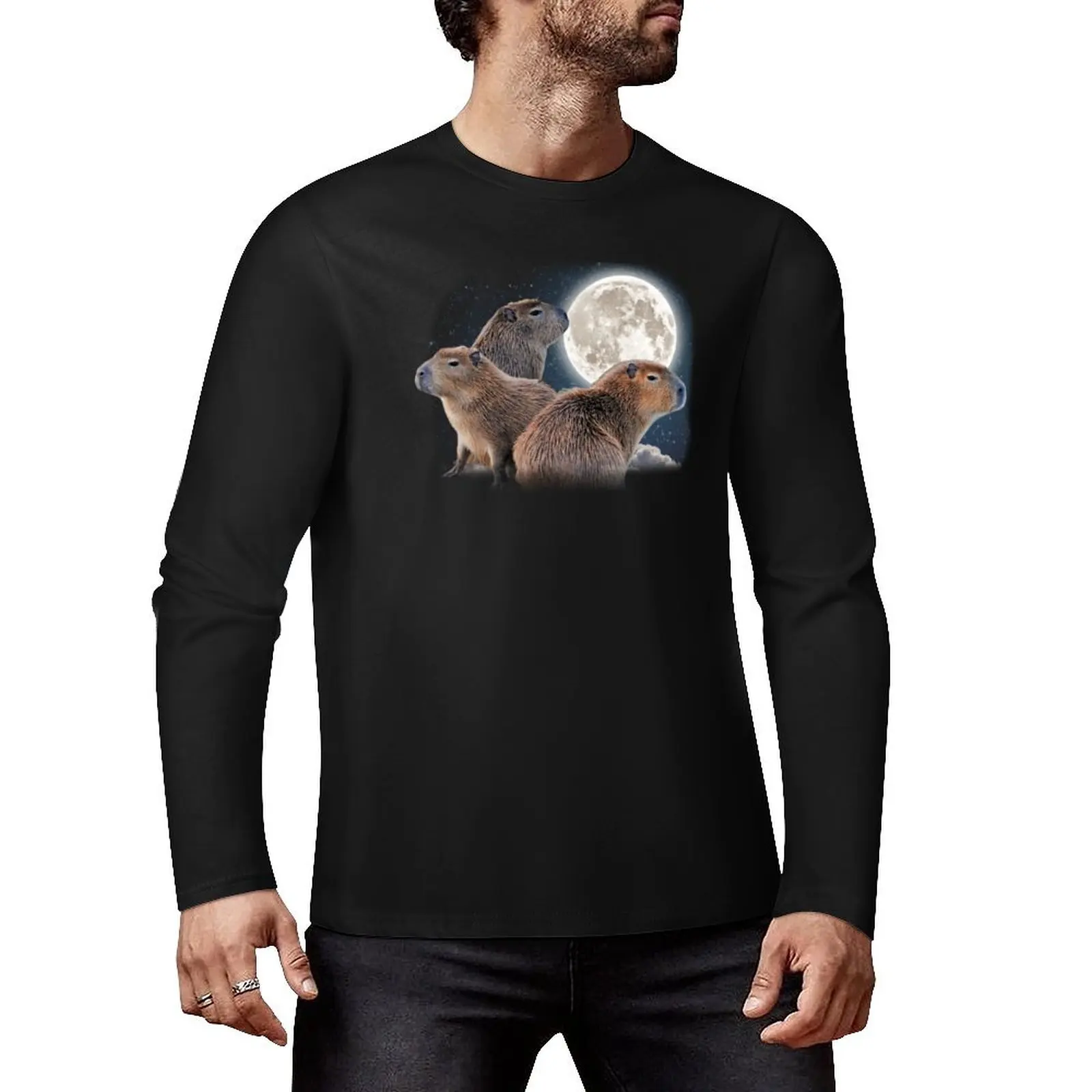 Three Capybaras and Moon Funny Capybara Humor Parody Long T-Shirt boys t shirts custom t shirts mens cotton t shirts