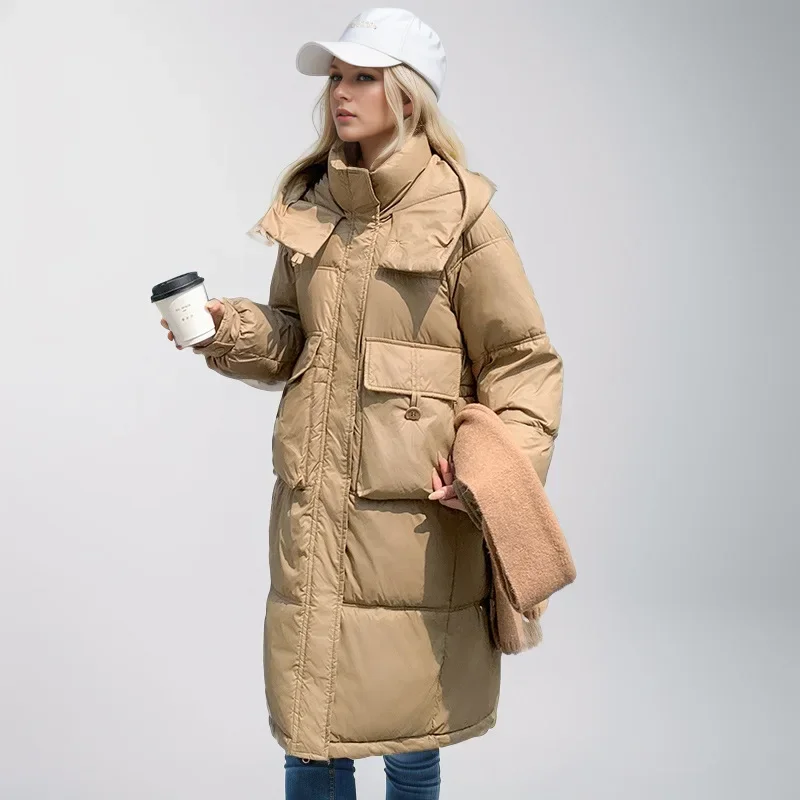 Parka longue à capuche pour femme avec poches optiques, doudoune femme, pardessus de neige coupe-vent, manteau en coton chaud, hiver, nouveau, 2024