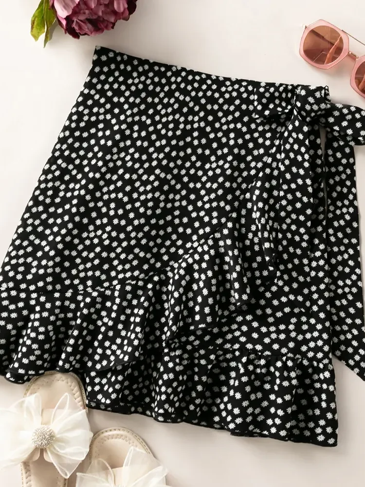 Women's Polka Dots Floral Bow Short Loose Lrregular Ruffled Half Skirt