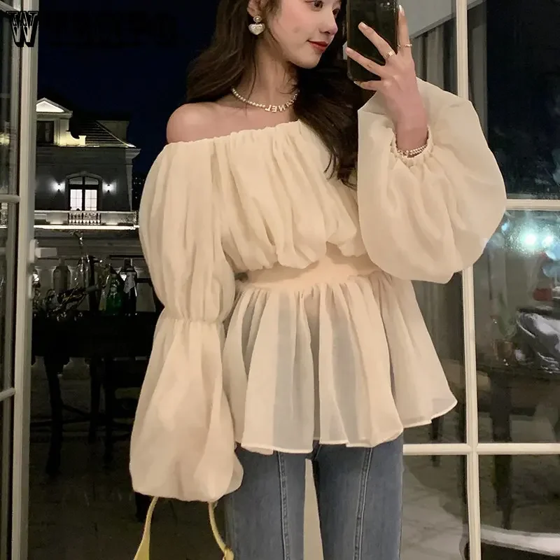 WTEMPO Off Shoulder Sexy Chic Sweet Crop Top Women Summer Fashion Casual Long Ruffle Sleeve Loose Fairy Kawaii T Shirt