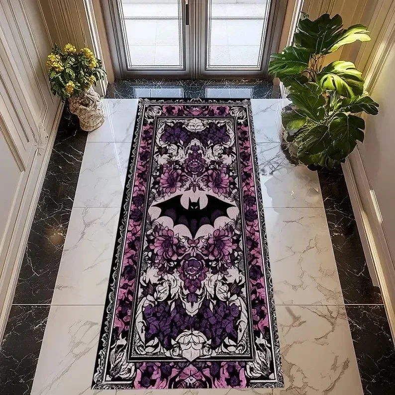 Tapis de couloir gothique violet à motif floral de chauve-souris, tapis de sol pour Halloween, thème vampire