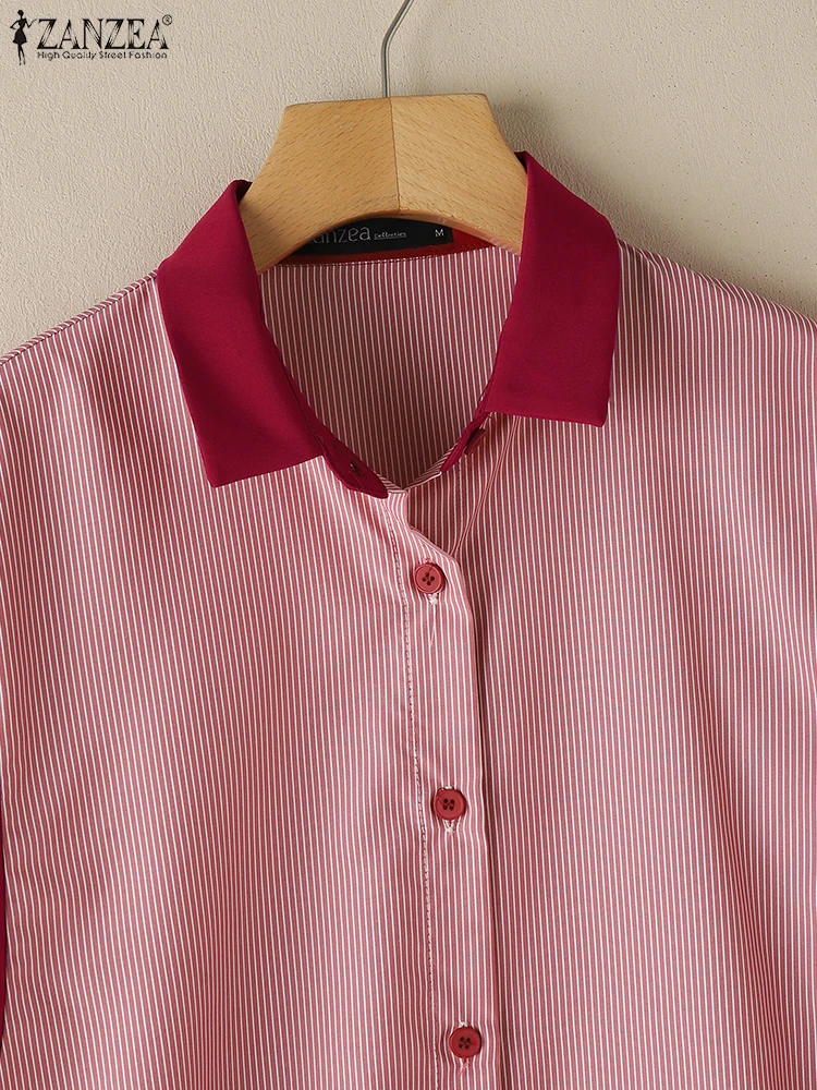 ZANZEA Jesienne Koszule w Paski Damskie Koreańska Moda Eleganckie Rękawy 3/4 Kołnierzyk Kolorowy Blok Kontrastowe Paski Koszule Damskie