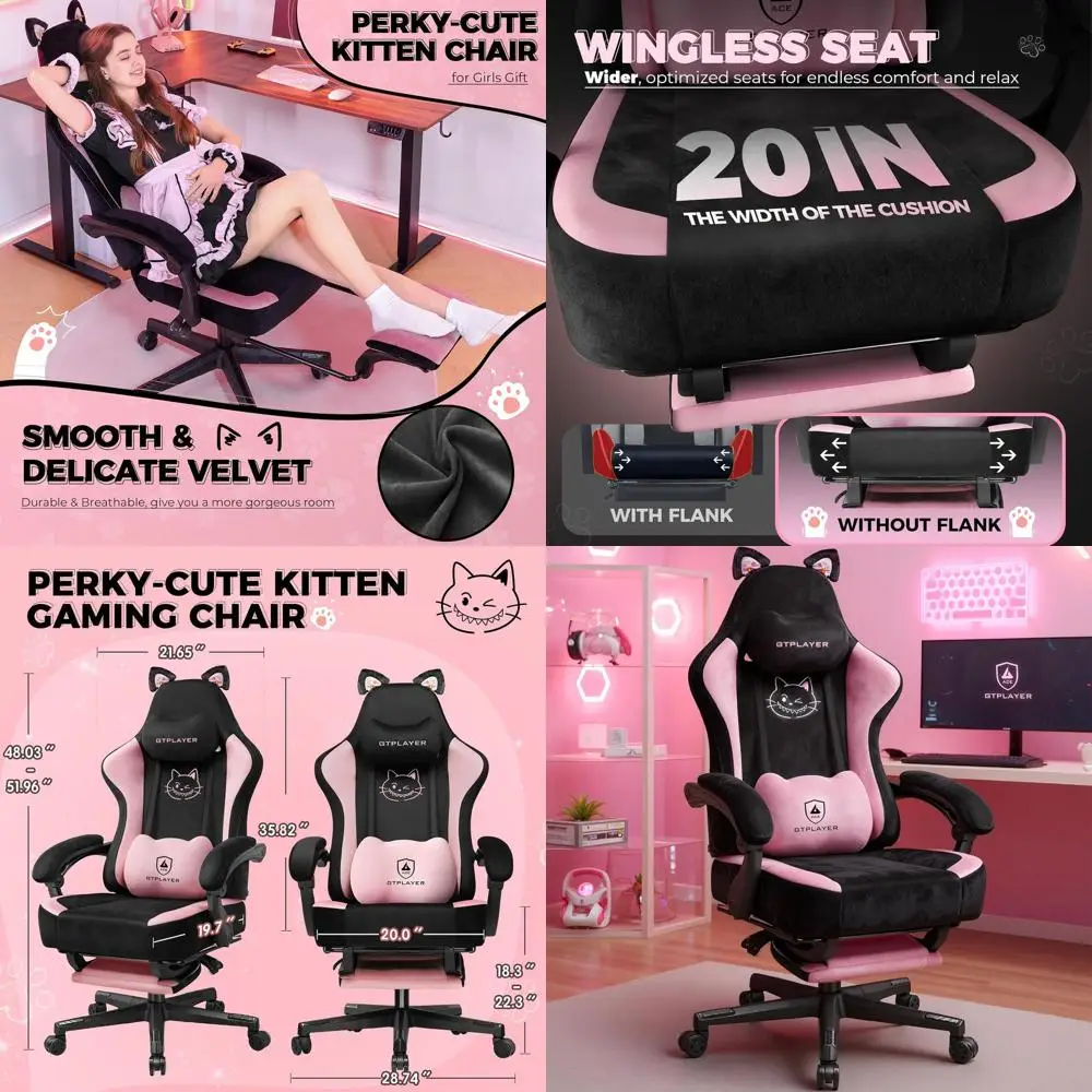 Cute Cat Ear Gaming Chair with Ergonomic Support, Adjustable Memory Foam, and Comfortable Reclining Office Chair in Velvet Fabri