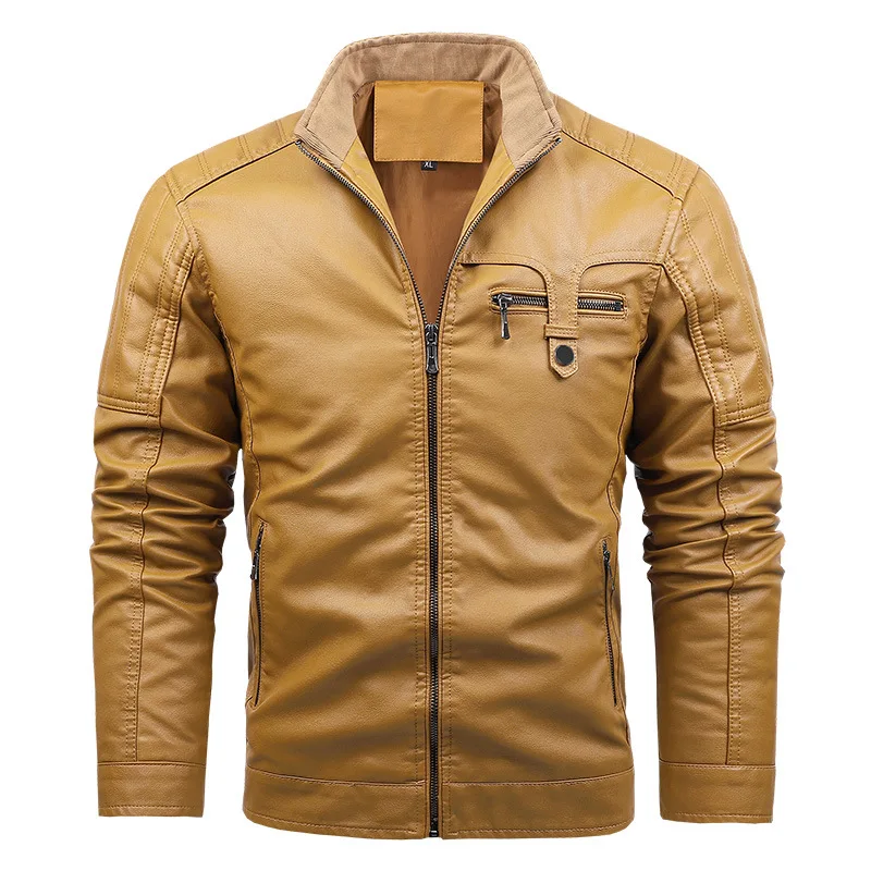 

Fashion Warm Men Coats Yellow Faux Leather Jacket Classic Stand Collar Plush Lining Tops Zippers Pocket Design Men's PU Jackets
