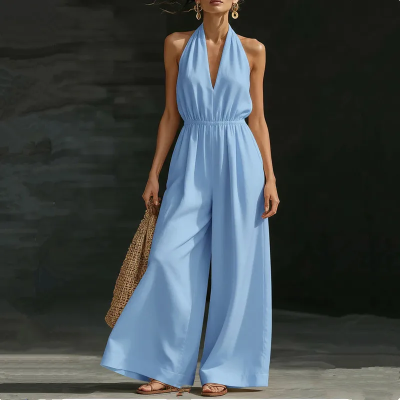 

2026 New V-Neck Halter Women Jumpsuits French Style Hollow Out Back Wide Leg Romper Chic Office Casual One Piece Jumpsuit
