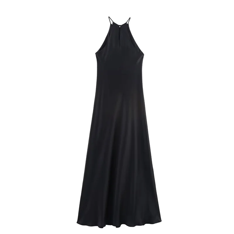 Robe mi-longue en Satin de soie noire pour femmes, tenue Sexy, épaules dénudées, tempérament élégant et personnel élégant, nouvelle collection été 2025