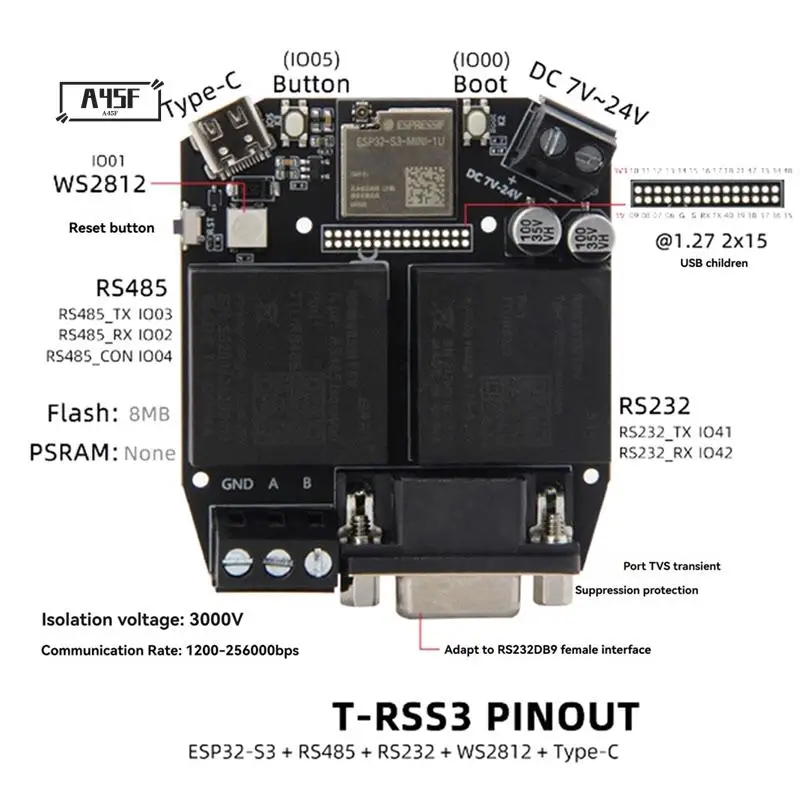 

A45F-T-RSS3 Плата разработки ESP32-S3 RS232 RS485 Встроенный модуль WS2812 Wi-Fi Bluetooth 5,0 типа C RSM232MT5V RSM485MT5V
